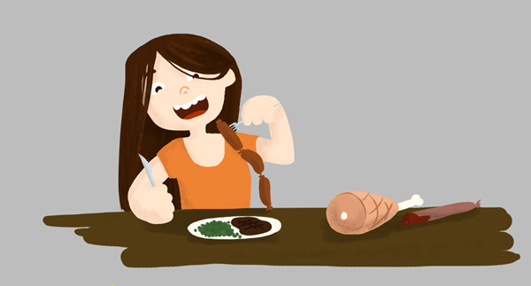 Dessin petite fille qui mange beaucoup de viande