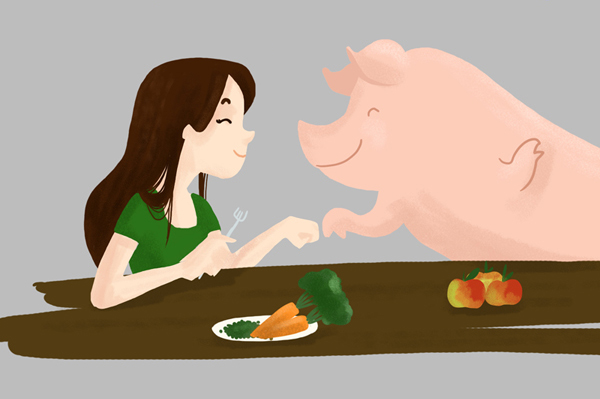 Dessin d'une fille à table avec un cochon et des légumes dans l'assiette