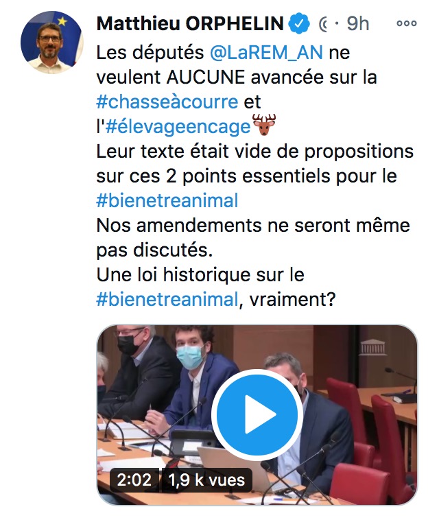 Image du tweet "Aucune avancée sur la chasse à courre"